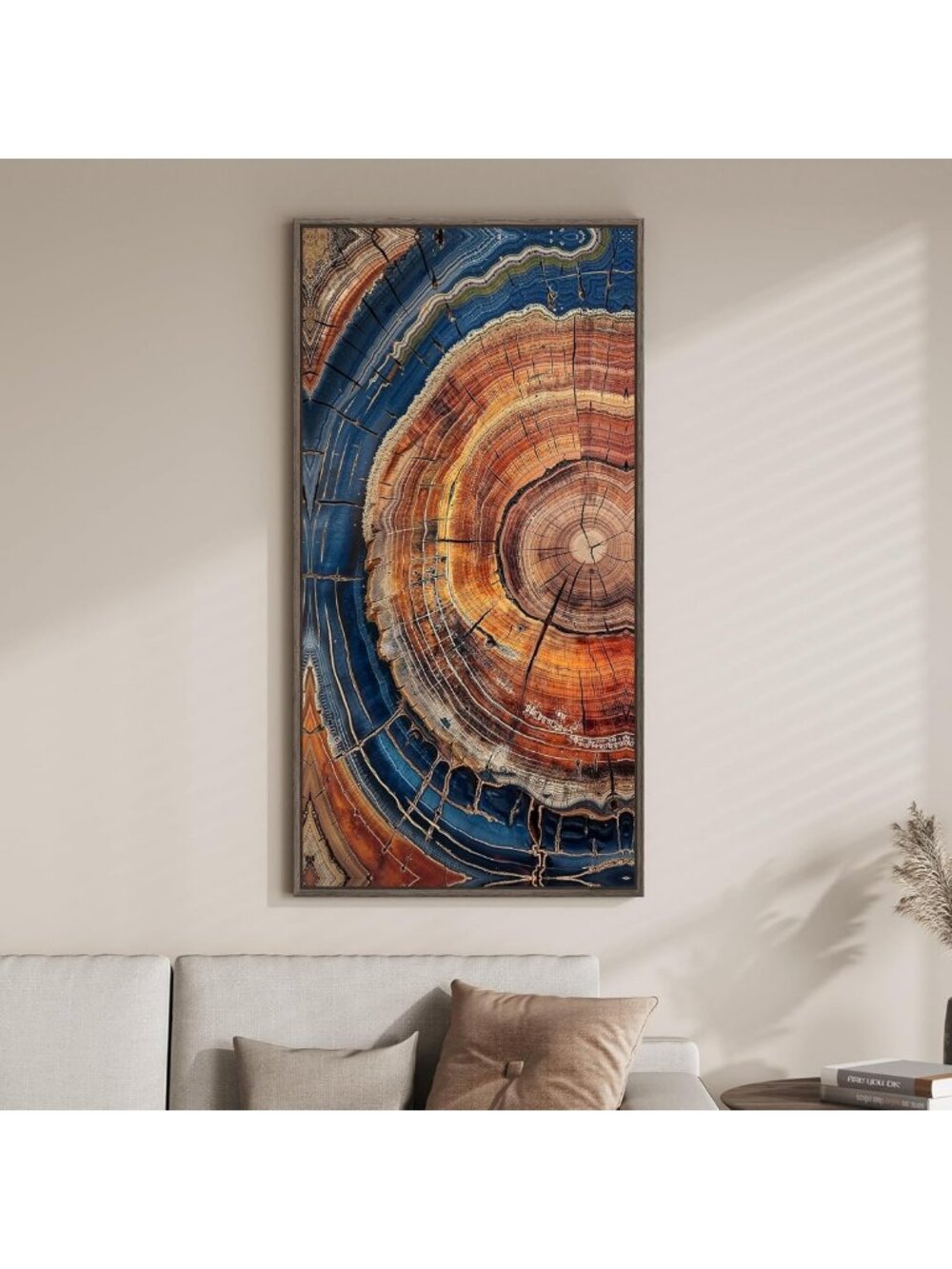 Vintage Rustic Tree Ring Wall Art - Framed Vertical Decor for Living Room, 20x40